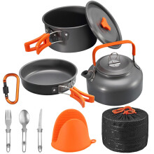Camping Cooking Set WODSTA Camping Equipment for 1-3 People Aluminium Camping Cookware 9 PCS Camping Accessories Cooking Include 1.5L Pot, 0.8L