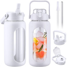 BLUEGO 2L Glass Water Bottles with 2 Lids Flip Lid and Spout Lid Half Gallon Water Bottle with Straw 2000ml Large Water Bottle with Time and Capacity