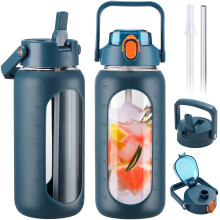 BLUEGO 2L Glass Water Bottles with 2 Lids Flip Lid and Spout Lid Half Gallon Water Bottle with Straw 2000ml Large Water Bottle with Time and Capacity