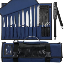 WISEPRO Chefs Knife Roll Bag, Heavy Duty Canvas & Leather Knife Case, Waterproof Knife Case with 10 Slots & 1 Detachable Storage Bag, for Home Kitchen