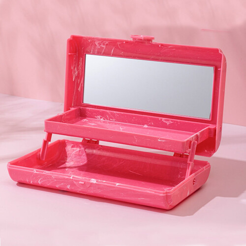Boîte à maquillage pliable avec miroir rose fuchsia à 2 compartiments 2