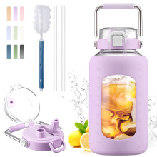 BLUEGO 2500ml Water Bottle Glass with Stainless Steel Handle 2.5L Large Water Bottle with Time Markers and Silicone Sleeve Half Gallon Water Jug BPA