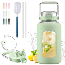 BLUEGO 2500ml Water Bottle Glass with Stainless Steel Handle 2.5L Large Water Bottle with Time Markers and Silicone Sleeve Half Gallon Water Jug BPA