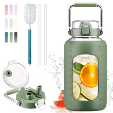 BLUEGO 2.5l Water Bottle Glass with Stainless Steel Handle 2500ml Large Water Bottle with Time Markers and Silicone Sleeve Half Gallon Water Jug BPA