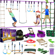 Ninja Warrior Obstacle Course for Kids Workout Equipment - 2 x 55ft Slacklines with 10 Weatherproof & Durable Obstacles - Cargo Net, Monkey Bars, Rope