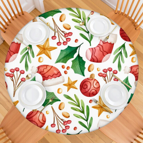 Toalha de mesa redonda de Natal de 52 polegadas com borda elástica – Ajuste festivo e seguro 1