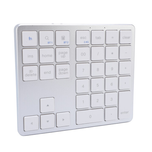 Wireless Numeric Keypad 35 Keys Bluetooth/2.4G Rechargeable Silver White