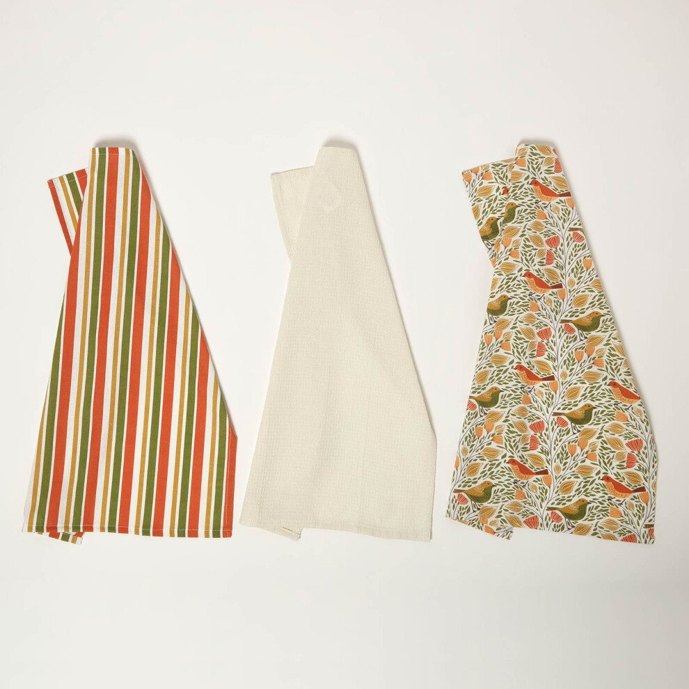 Homescapes 100% Cotton Song Bird Tea Towels, Pack Of 3 Orange
