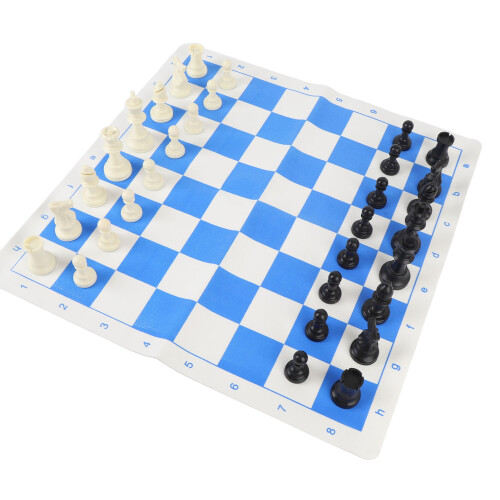 Portable Plastic Chess Set with PU Leather, Blue & White 50cm Board 2