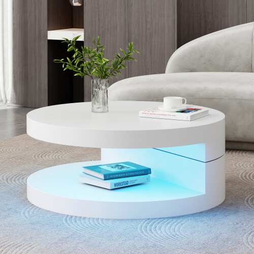 Modern Round White Coffee Table with 360° Rotating Top - Smart LED Storage Side Table - 70x35.5cm