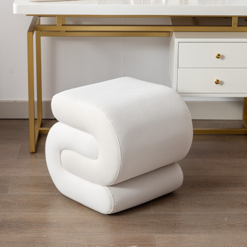 Modern Ivory Velvet S-Shape Ottoman Pouf - Wavy Dressing Table Stool - No Assembly Required