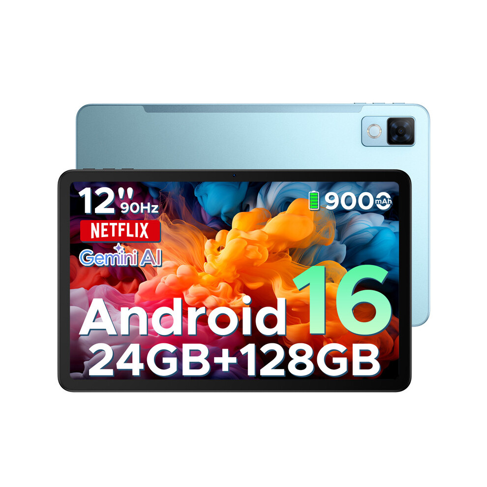 Doogee (Blue) U12 Android 16 Tablet, 12 Inch Tablet, Fhd+(2000X1200) 90Hz Large Screen Gaming Tablets, 24Gb+128Gb (2Tb), Gemini Ai Octa-Core, 9000Mah Blue