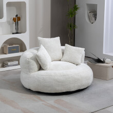 Large White Chenille Bean Bag Chair with 3 Support Pillows - Memory Foam Gaming Lounger- 108cm Round