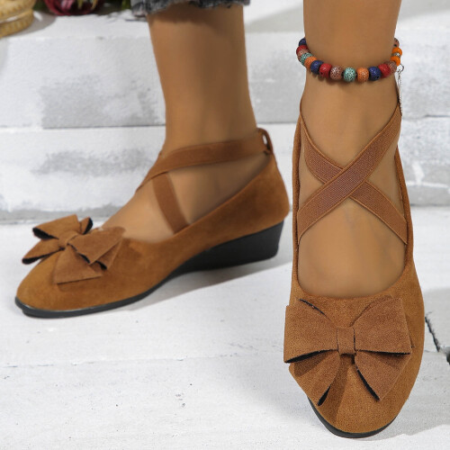 Women's Slip-On Suede Shoes with Bow Tie, Low Heel, Round 1