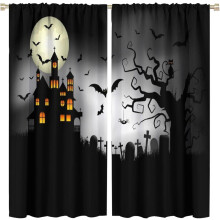 Halloween Blackout Curtains with Castle, Moon, Bat & Cat Print – Rod Pocket, W52"xL84", for Living Room, Bedroom, Kitchen – Compatible with