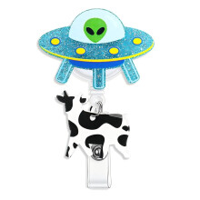 UFO tehén elrablási jelvénytartó orsó – földönkívüli űrhajó azonosítótartó nyakpánt ápolóknak és irodáknak, szeszélyes,