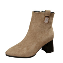 Women'S Boots Winter Casual Versatile Rhinestone Mid Heel Pointed Thick Heel Fashion Khaki Eu Size 42 Us Size 9 Foot Length 10.24 Inches