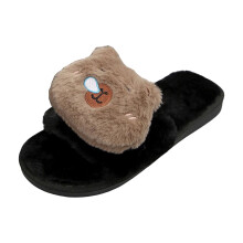 Capybara Open Toe Furry Slippers for Women – Black, Size 5.5 US, Nylon-Spandex, Fall/Winter Home Sandals