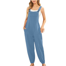 Tuta intera UHUYA da donna, alla moda, casual, con spalle scoperte, bottoni, bretelle, pantaloni a gamba larga con tasche, azzurro cielo, taglia XL
