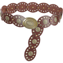 Cinto largo de couro oval feminino com disco, estilo western vintage.