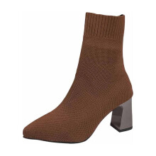 Gebreide elastische sokkenlaarzen voor dames met spitse neus, hak tot halverwege de kuit, casual, koffiekleurig, maat 39 (EU/5UK/7US) 9,65 inch (ca.