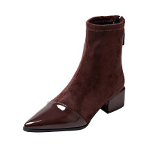 Ankle Boots For Women Winter Casual Mid Heel Pointed Toe Zipper Back Flock Material Brown Shoe Size 8.5 Us Foot Length 10.04 Inches