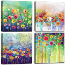 Abstract Floral Canvas Wall Art, Colorful Watercolor Flowers Print, Framed Modern Decor for Living Room, Bedroom, Bathroom, Office – 12"x12"x4 Panel