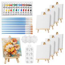 Obidodi Mini Canvas and Easel Set, 44 Pcs Painting Set Includes 4x4 Inches Canvas, Wooden Mini Easel, Acrylic Paint, Brushes and P
