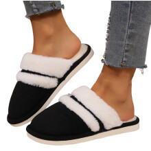 Women's Winter Indoor Slippers, Plush, Round Toe, Non-Slip, Black, EU 40 (US 9-10), 1.18" Heel