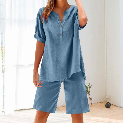 Women's linen two-piece set: button-down short-sleeved-Green L 1