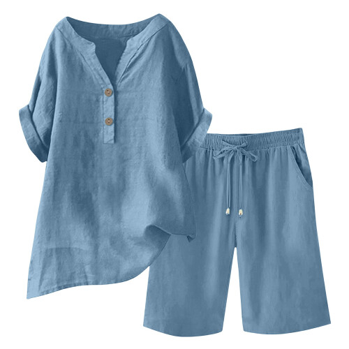 Women's linen two-piece set: button-down-Turquoise XL 2