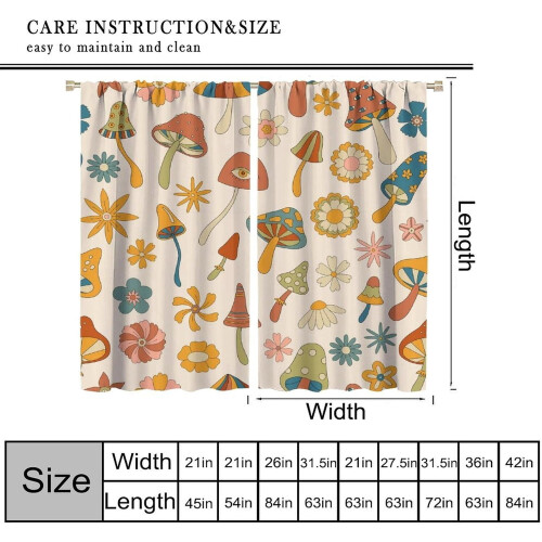 Retro Mushroom Curtains Boho Daisy Pattern 63" W x 63" L 1