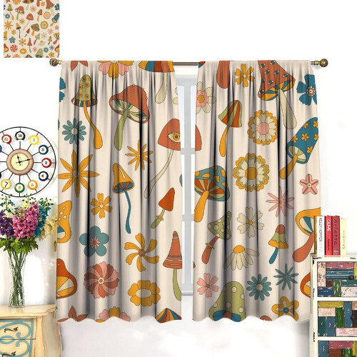 Retro Mushroom Curtains Boho Daisy Pattern 63" W x 63" L 2