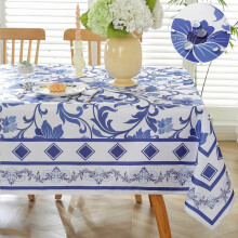 Blue & White Floral Rectangle Tablecloth 52x70", French Country Rustic Style, Farmhouse, Party, Indoor/Outdoor – Compatible with Standard Tables