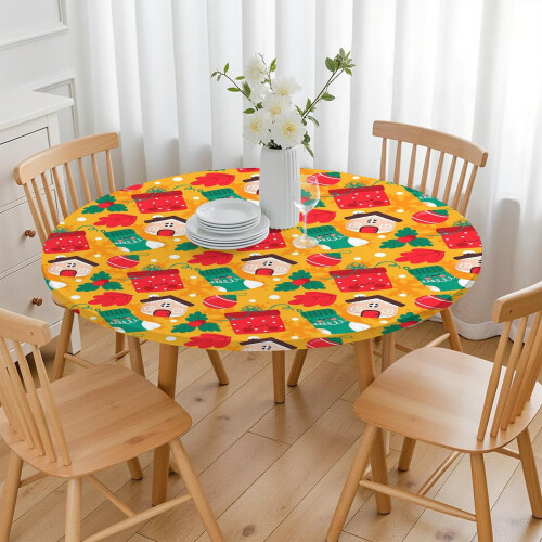Toalha de mesa redonda de 52 polegadas com borda elástica e tema natalino, ideal para jantares e celebrações de fim de ano. 2
