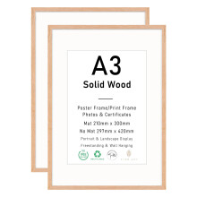 A3 Certificate Picture Frame, OAK Wood Photo Frame with mount for A4 print, Poster Frame with plexiglass for Wall Mount Display, 29.7x42 cm