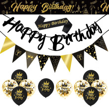 14 Pcs Birthday Decorations-Black and Gold Happy Birthday Banner Party