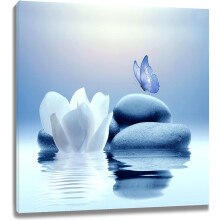 Zen Canvas Wall Art: Blue Floral & Butterfly on Stone Frame – 12x12", Compatible with Bathroom, Living Room, Bedroom, Yoga, Spa