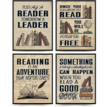 Reading Posters 8x10, Library & Classroom Decor, Book Club Gifts, Retro Vintage Wall Art Set of 4 (Unframed)