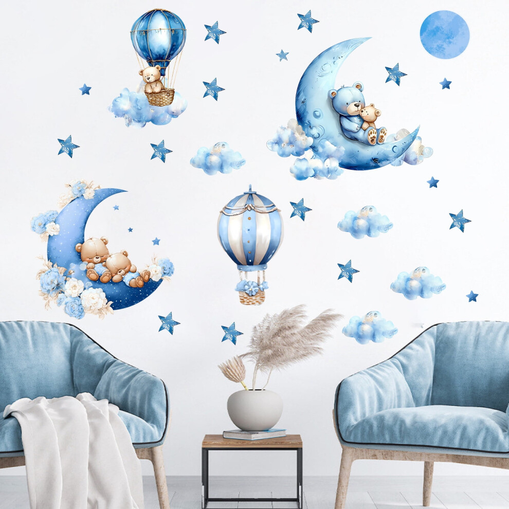 Cartoon Decals Moon And Stars Wall Stickers Vinyl Peel And Stick Kids Boys Girls Nursery Room Decorative Art Stickers Blue