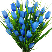 Outdoor Artificial Tulips Fake Flowers UV Resistant Faux Plastic Greenery Shrubs Plants for Home Outside Garden Porch Window Farmhouse Decor (Blue)