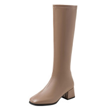 Botas femininas de cor sólida com salto grosso, estilo casual de inverno, com biqueira reforçada, salto médio, em PU, tamanho EUA 7, comprimento