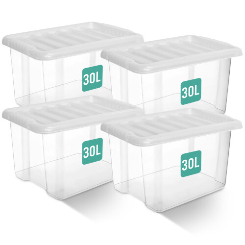Klass 4 PCS 30L Plastic Storage Boxes With Lids, Sturdy Clear Storage Box