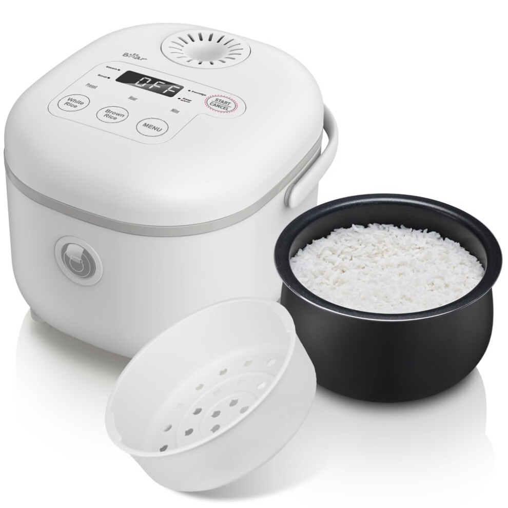 Bear 6 Multifunctional 4 Cups(Uncooked) Rice Cooker With Steamer For 1-4 People, Perfect For Rice, Porridge, And Soup, Rice Cooker White/Brown