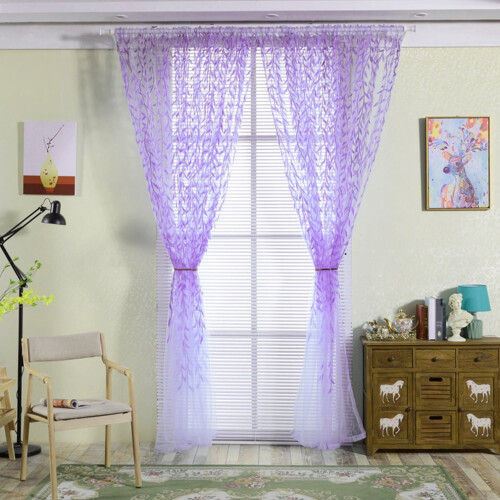 Voile Tulle Willow Leaf Sheer Curtains Set 210x95cm Yellow 2