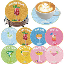 8 Pcs Cocktail Diamond Art Coasters Kits for Adult, Retro Cocktail Diamond Painting Coasters Kits with Holder, DIY Round Non Slip Mosaic Coaster Craf