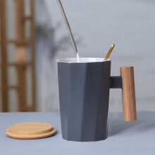 under $5 Wood Handle Ceramic Mug, Hexagonal Coffee Cup for Office, Holiday Gift Mug for Events, Rustic Drinkware for Hot Beverages