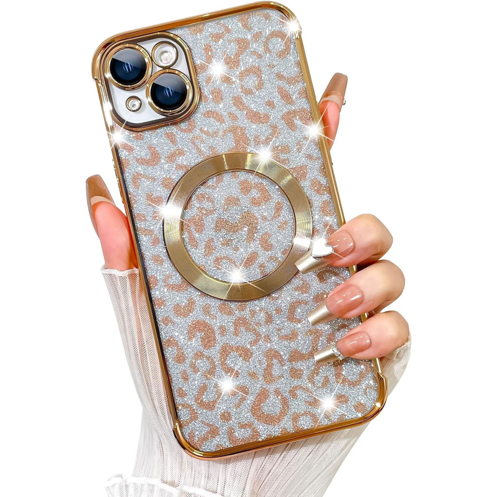Cheetah Print Clear Iphone 14 Plus Case, Magsafe Compatible, Magnetic Glitter Leopard Design, 6.7", Gold 9489952019314