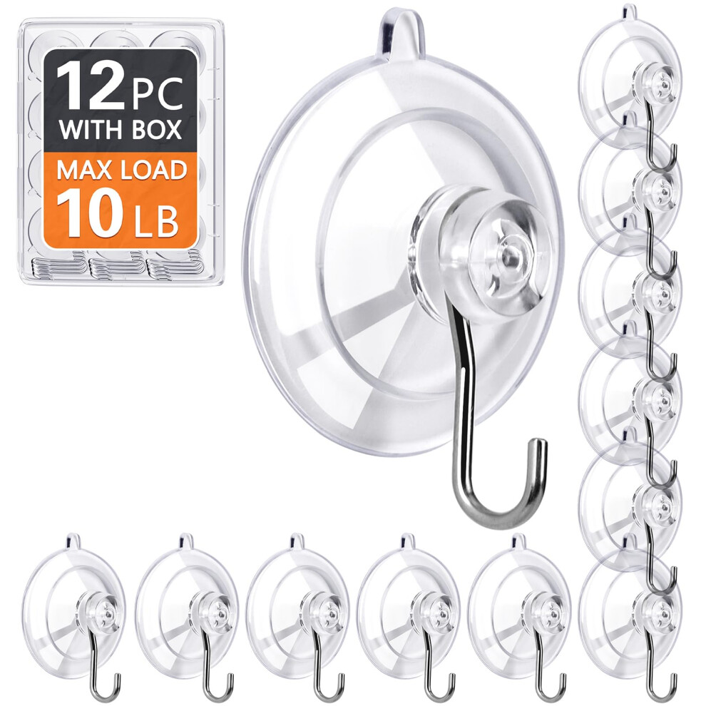 Korcci Suction Hooks 12 Pack Â Heavy Duty Clear Suction Cup Hooks, Reusable & Removable, 4.5Kg Strong Hold With Stainless Steel Hook, For Bathroom 5051227031846