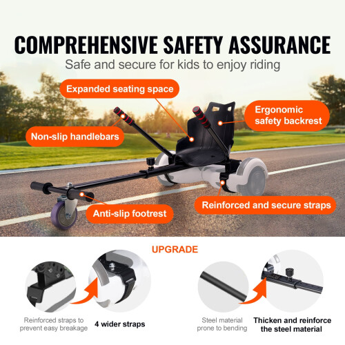 Hoverboard Kart Seat – Compatible with 6.5", 8", 8.5", 10" hoverboards, handlebar control, adjustable frame, 220 lbs capacity 1
